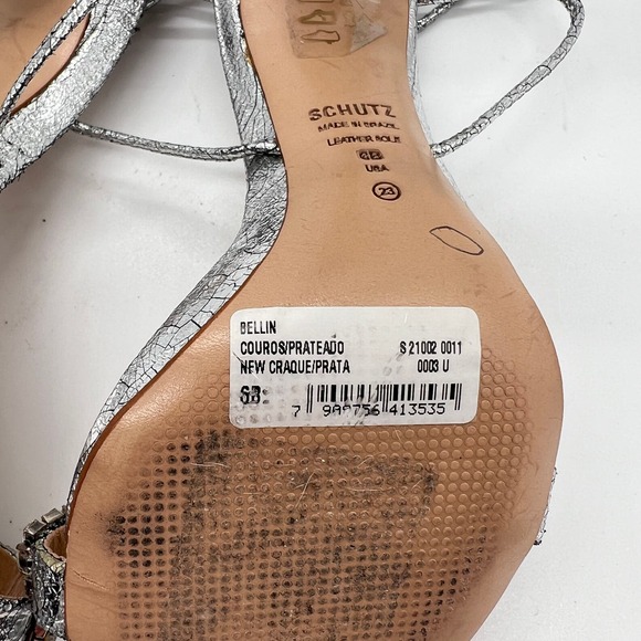 SCHUTZ Bellin Heels Womens 6 Silver Metallic Jeweled Ankle Wrap Strappy Sandal - Picture 8 of 14